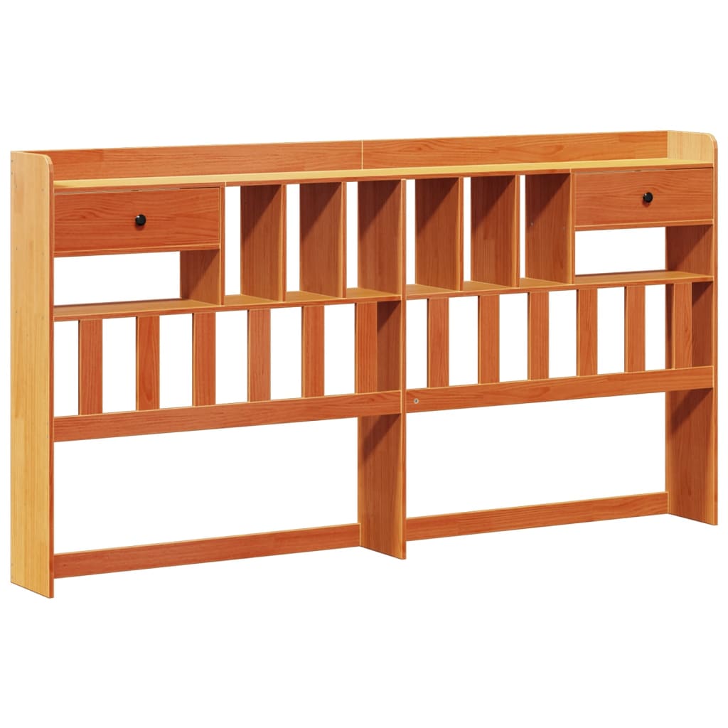 Solid Pine Wax Brown Bookcase Bed Frame 200x200cm - No Mattress