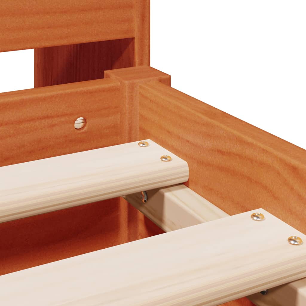 Solid Pine Wax Brown Bookcase Bed Frame 200x200cm - No Mattress