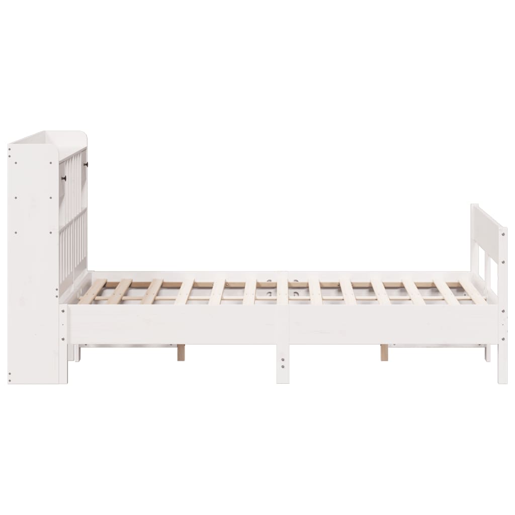 White Solid Pine Wood Bookcase Bed 160x200cm - No Mattress