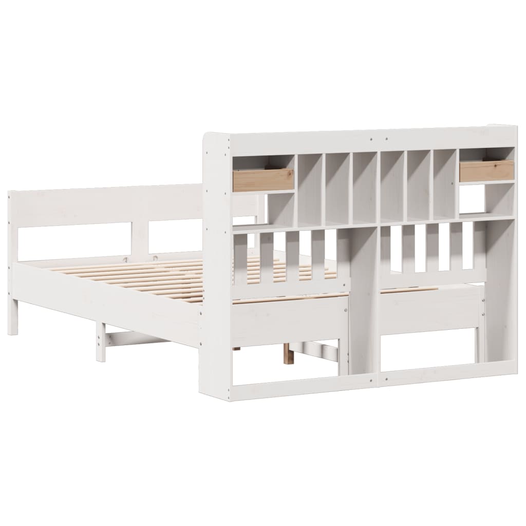 White Solid Pine Wood Bookcase Bed 160x200cm - No Mattress
