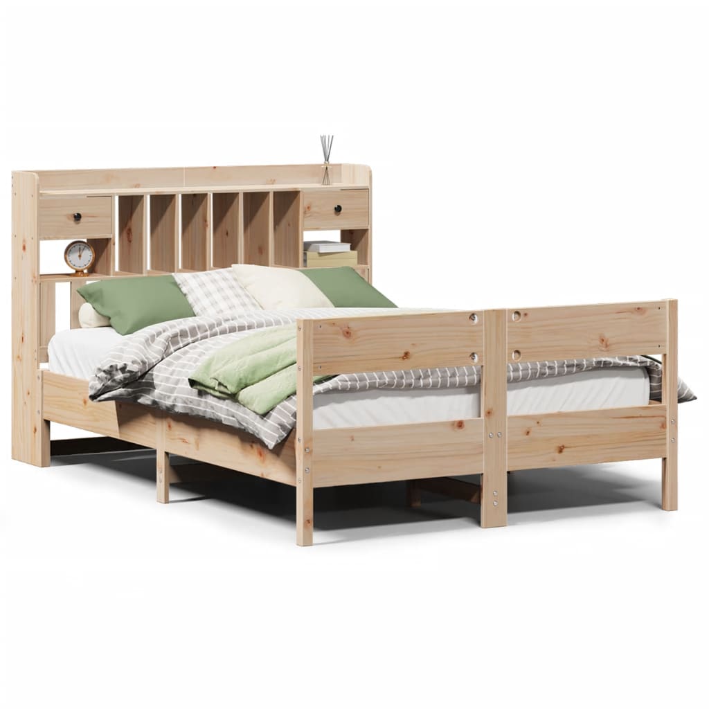 Solid Pine Wood Bookcase Bed Frame 140x200cm - No Mattress