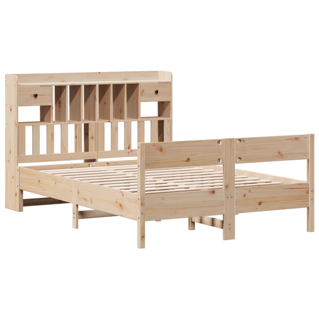 Solid Pine Wood Bookcase Bed Frame 140x200cm - No Mattress