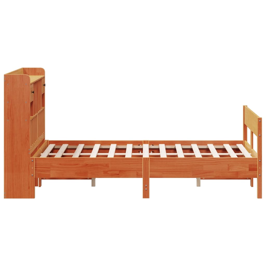 Solid Wood Pine Bookcase Bed, Wax Brown, 140x200cm, No Mattress