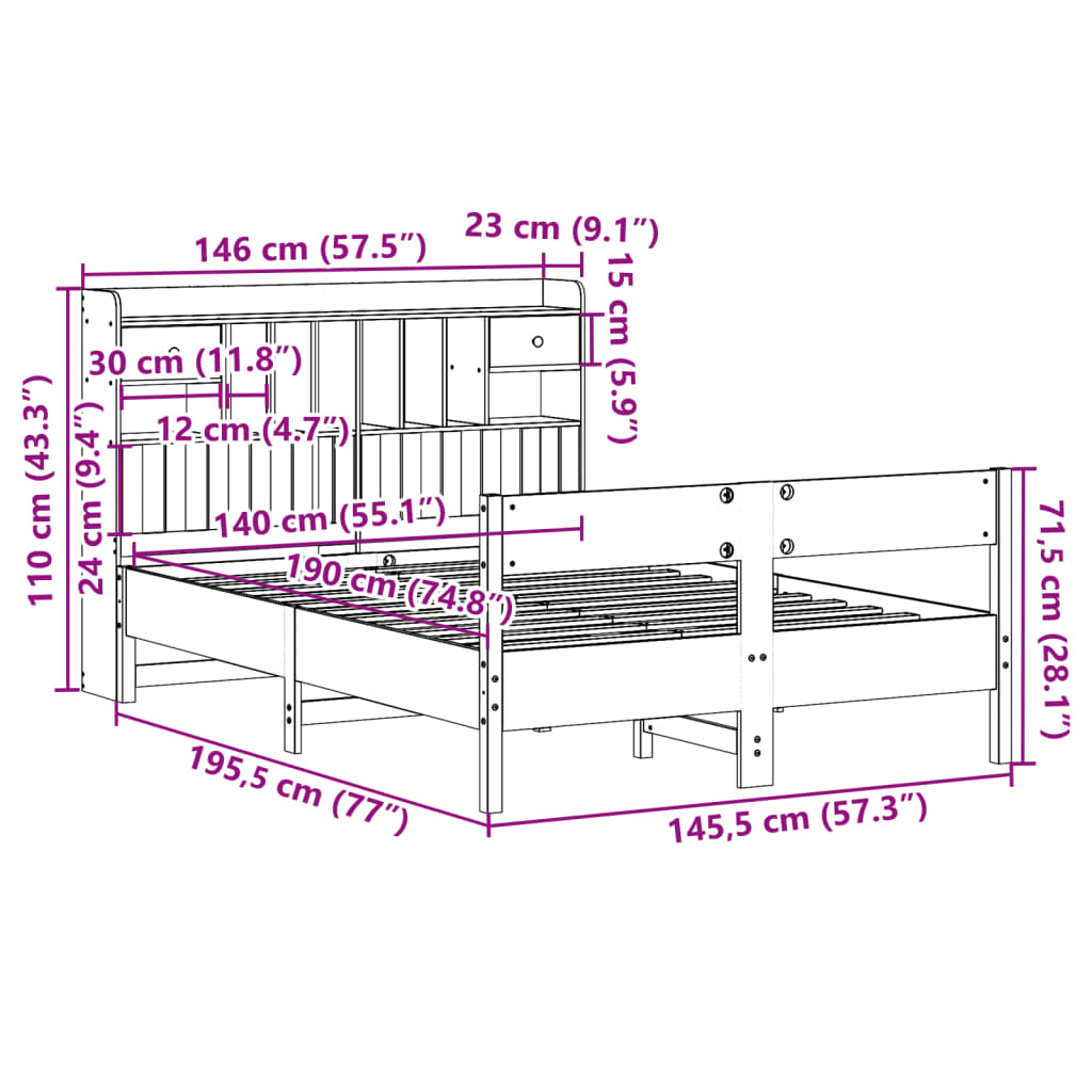 Bookcase Bed without Mattress Wax Brown 140x190cm Solid Wood Pine