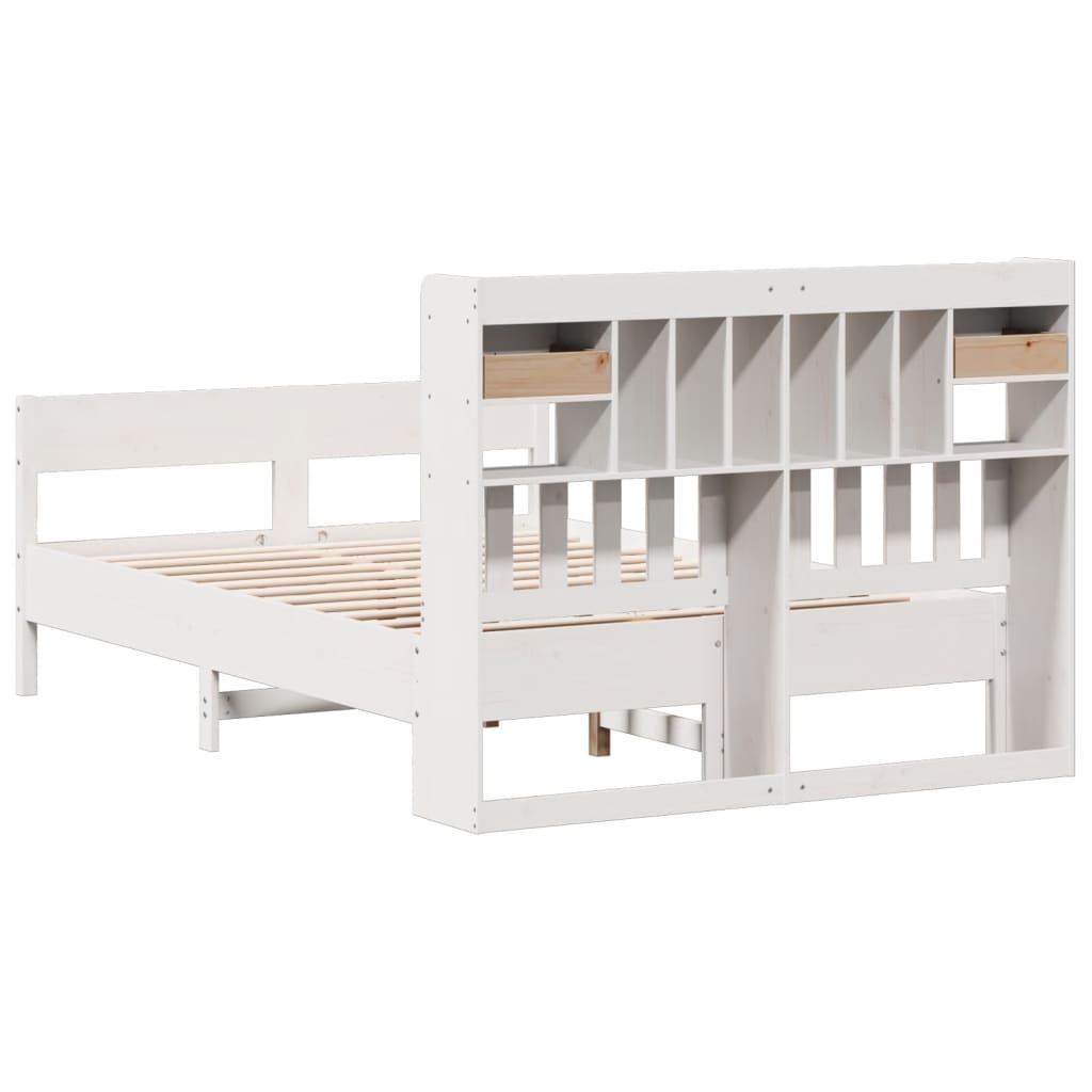 Solid Pine White Bookcase Bed Double 135x190cm - No Mattress