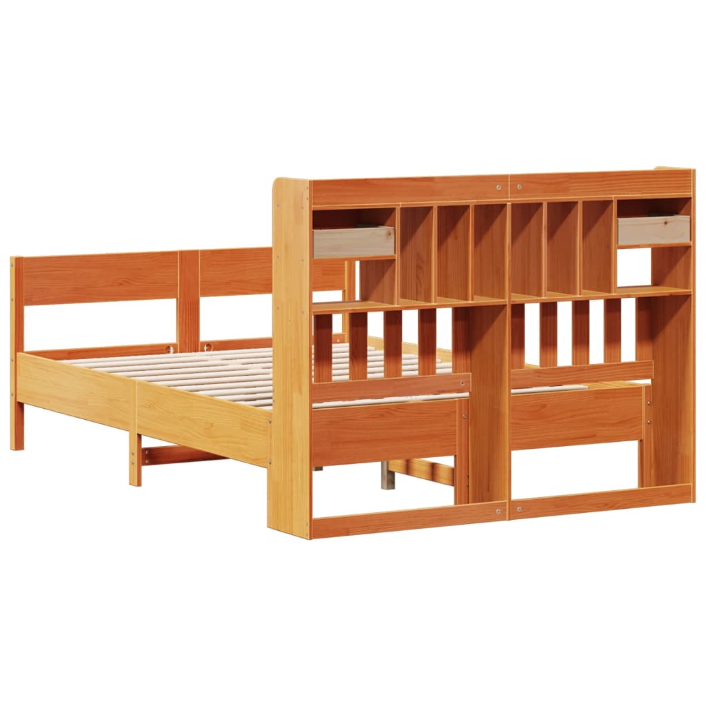 Wax Brown Solid Pine Bookcase Bed Frame 135x190cm - Double Size