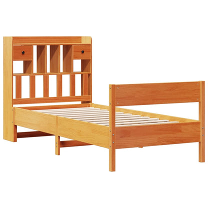Wax Brown Solid Pine Bookcase Bed Frame 75x190 cm - No Mattress