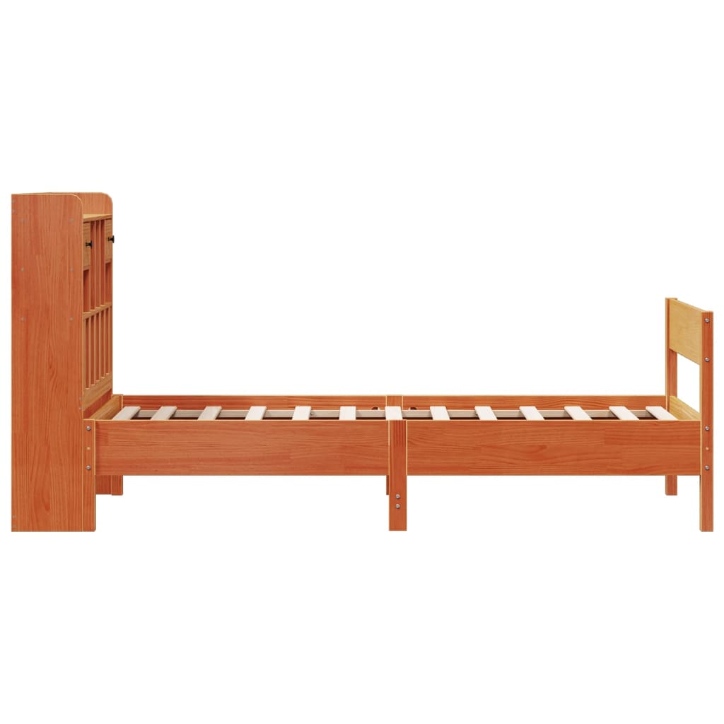 Wax Brown Solid Pine Bookcase Bed Frame 75x190 cm - No Mattress