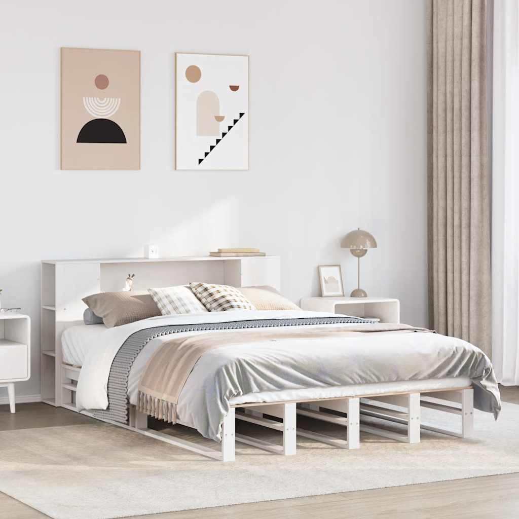 Solid Wood White King Size Bookcase Bed Frame 150x200 cm