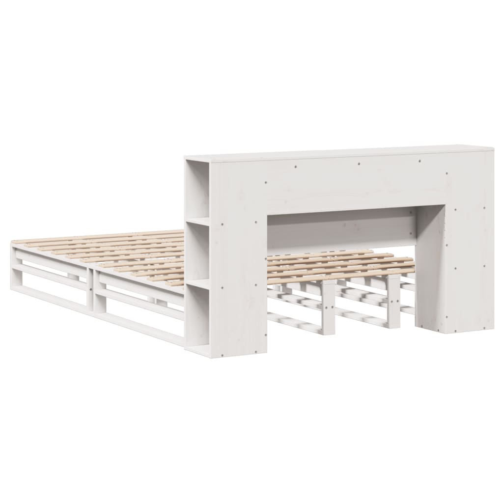 White Solid Wood Bookcase Bed Frame 160x200 cm - No Mattress