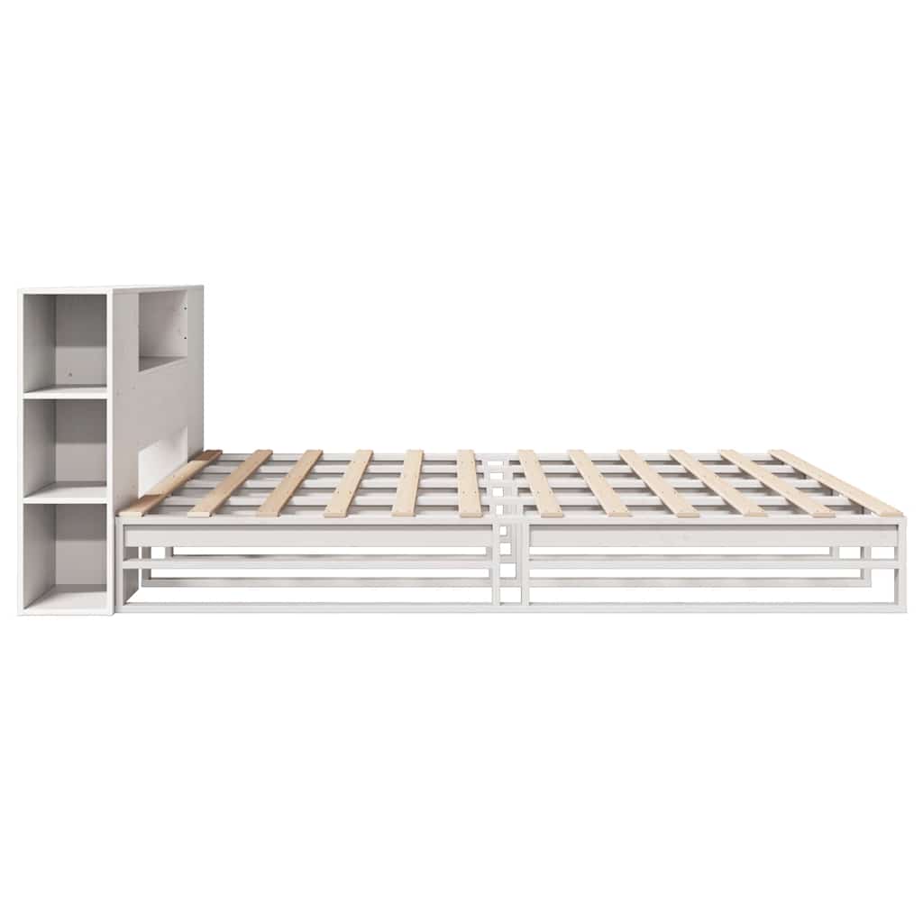 Solid Wood White Bookcase Bed Frame, 200x200 cm, No Mattress