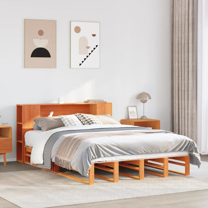 Solid Wood Bookcase Bed Frame, Wax Brown, 120x190cm - Small Double