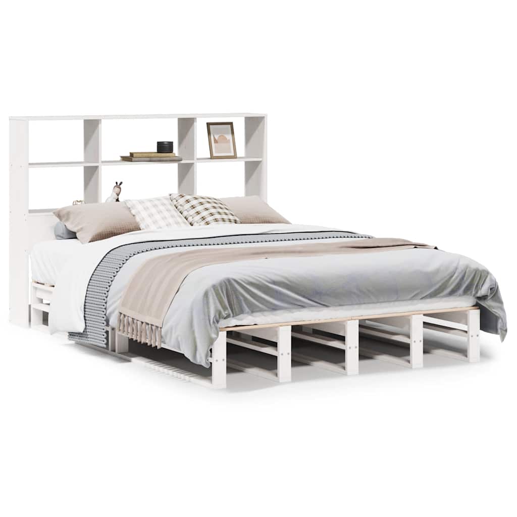 White Solid Wood Bookcase Bed Frame 140x200 cm - No Mattress