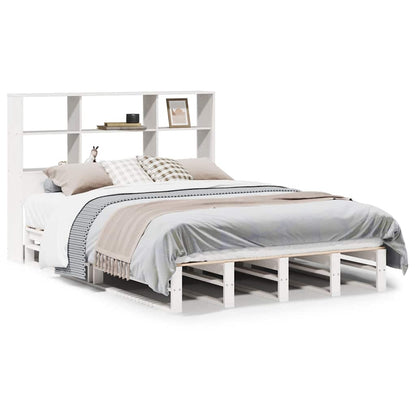 White Solid Wood Bookcase Bed Frame 140x200 cm - No Mattress