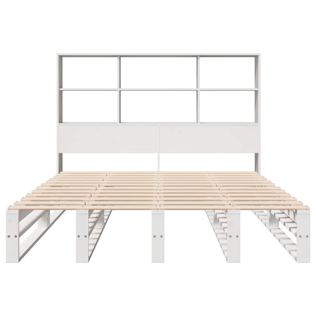 White Solid Wood Bookcase Bed Frame 140x200 cm - No Mattress