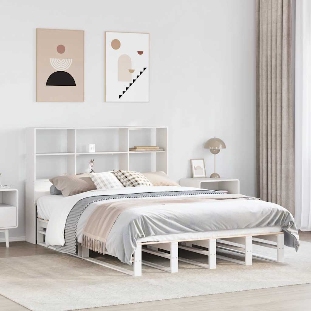 White Solid Wood Bookcase Bed Frame 140x200 cm - No Mattress