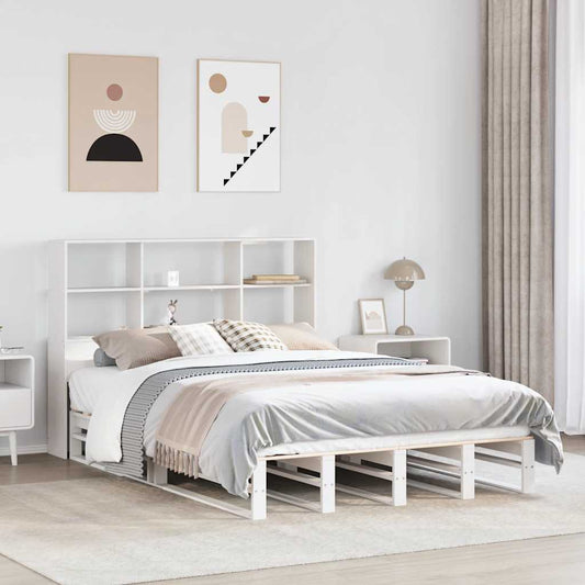 White Solid Wood Bookcase Bed Frame 140x200 cm - No Mattress