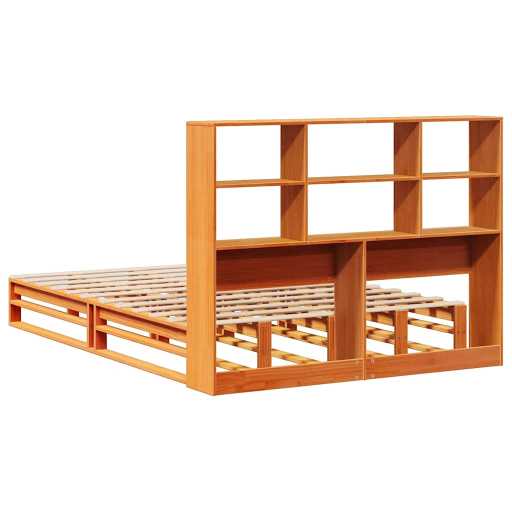 Solid Wood Wax Brown Bookcase Bed 140x200 cm - No Mattress Included