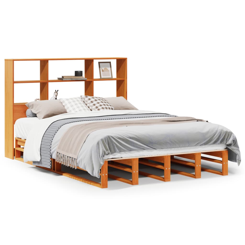 Wax Brown Solid Wood Bookcase Bed Frame, King Size 150x200 cm