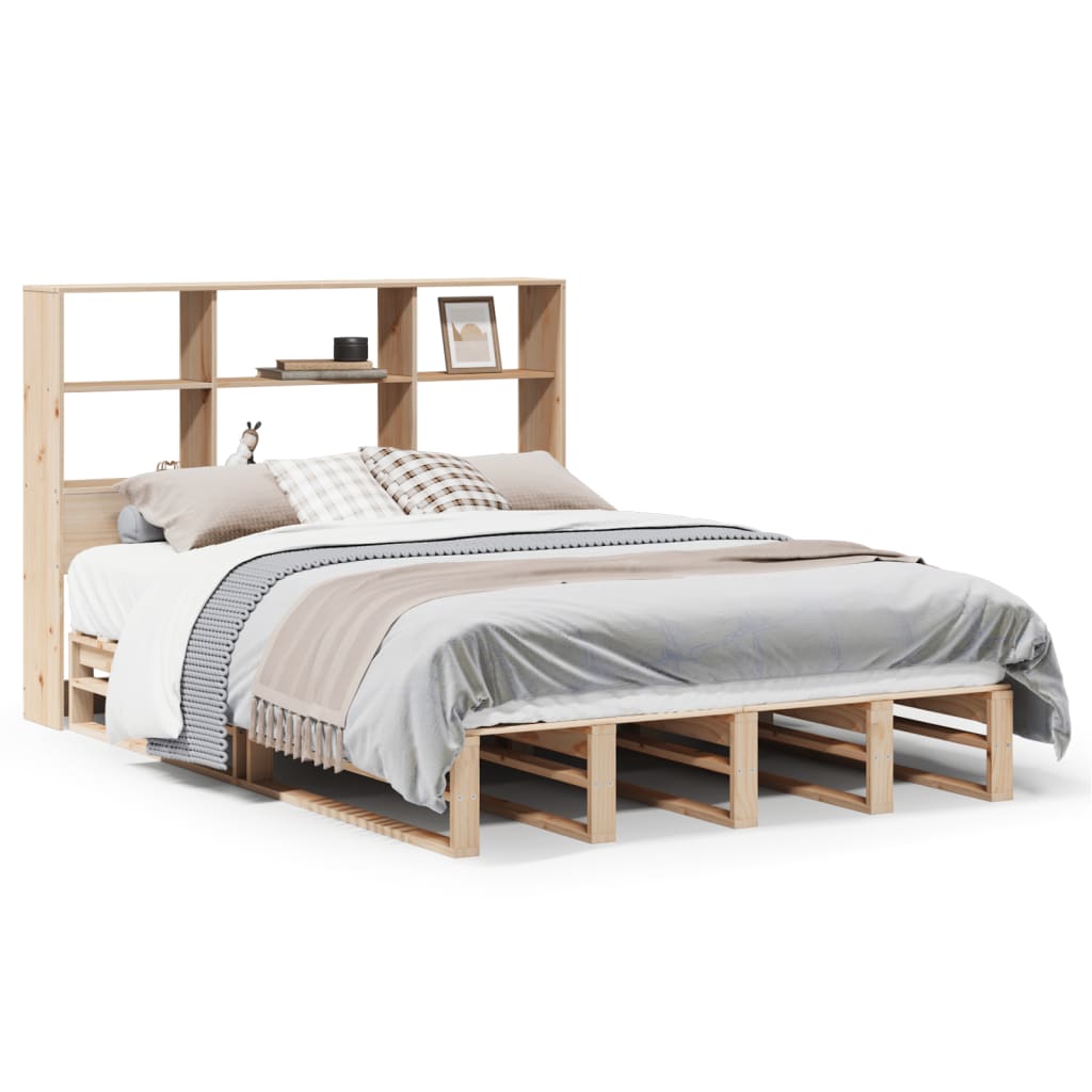 Solid Wood Bookcase Bed Frame 160x200 cm - No Mattress, Natural Finish