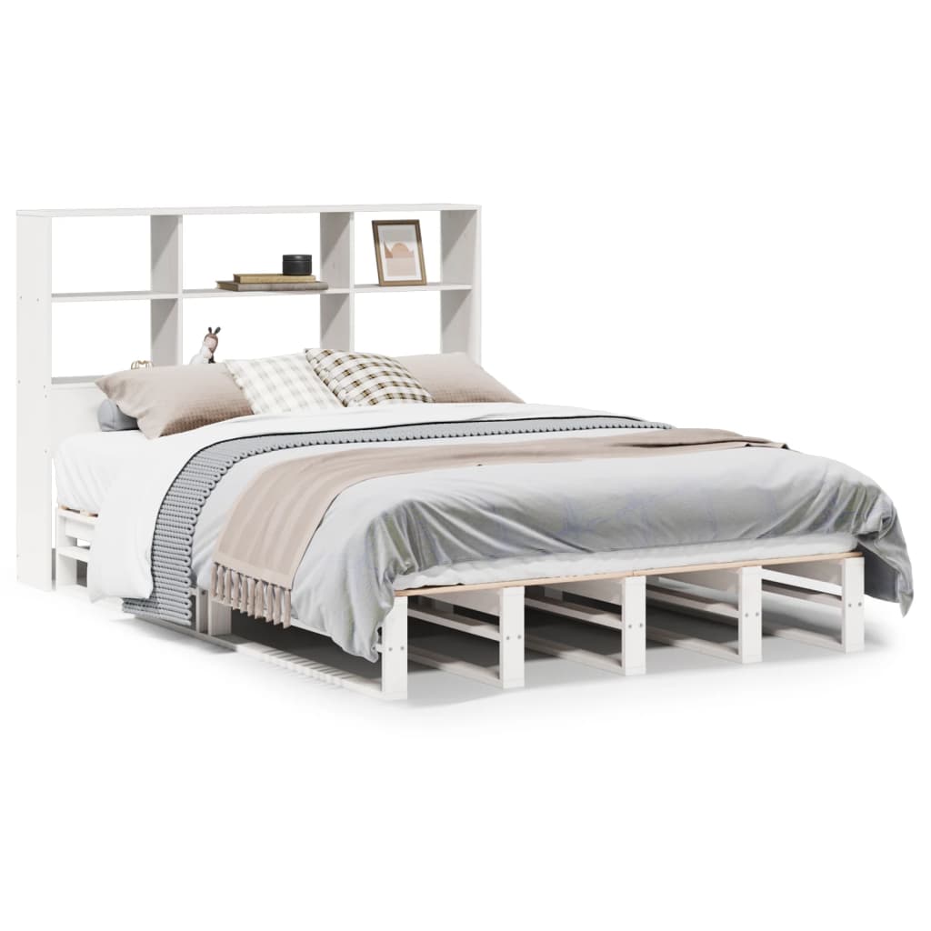 Solid Wood White Bookcase Bed Frame 160x200 cm - No Mattress