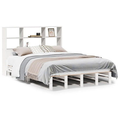 Solid Wood White Bookcase Bed Frame 160x200 cm - No Mattress