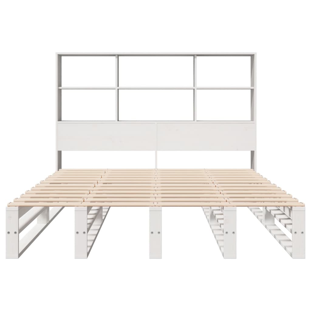 Solid Wood White Bookcase Bed Frame 160x200 cm - No Mattress