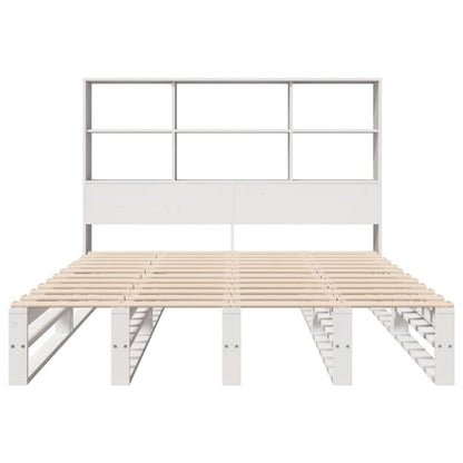 Solid Wood White Bookcase Bed Frame 160x200 cm - No Mattress
