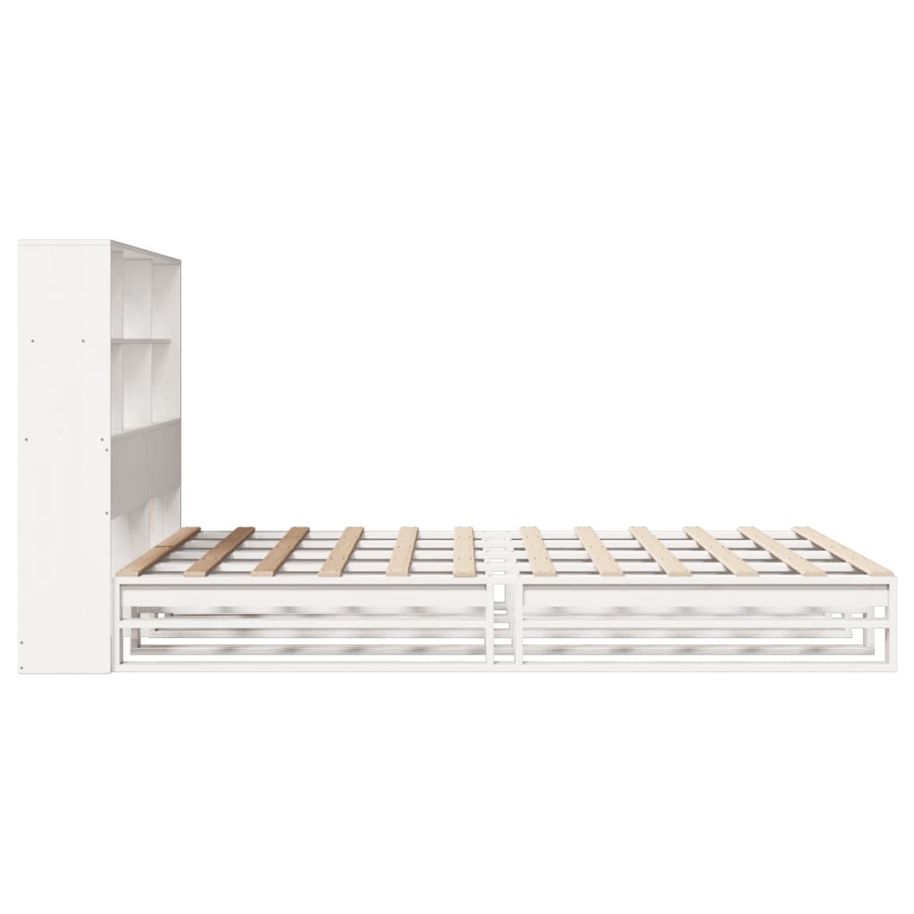 Solid Wood White Bookcase Bed Frame 160x200 cm - No Mattress