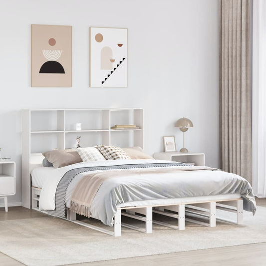 Solid Wood White Bookcase Bed Frame 160x200 cm - No Mattress