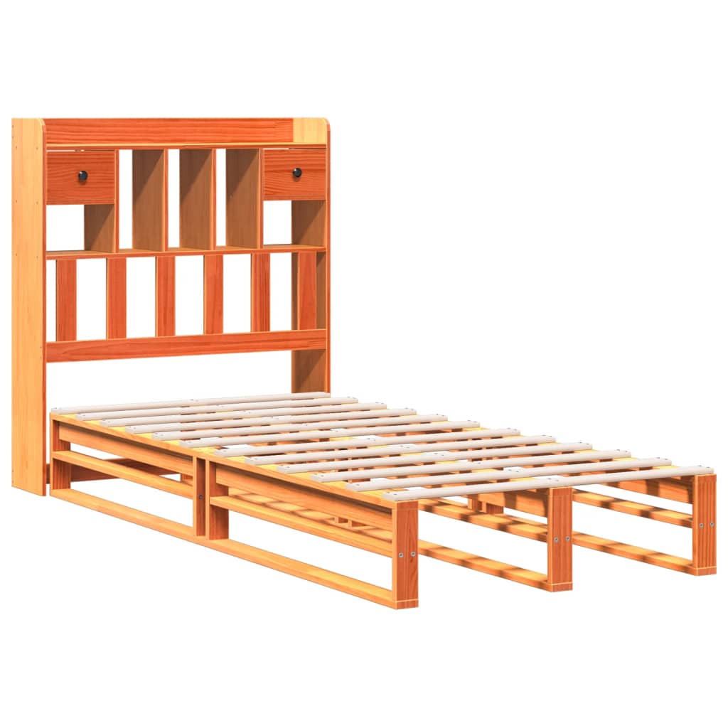 Solid Pine Wax Brown Bookcase Bed Frame 100x200 cm | No Mattress