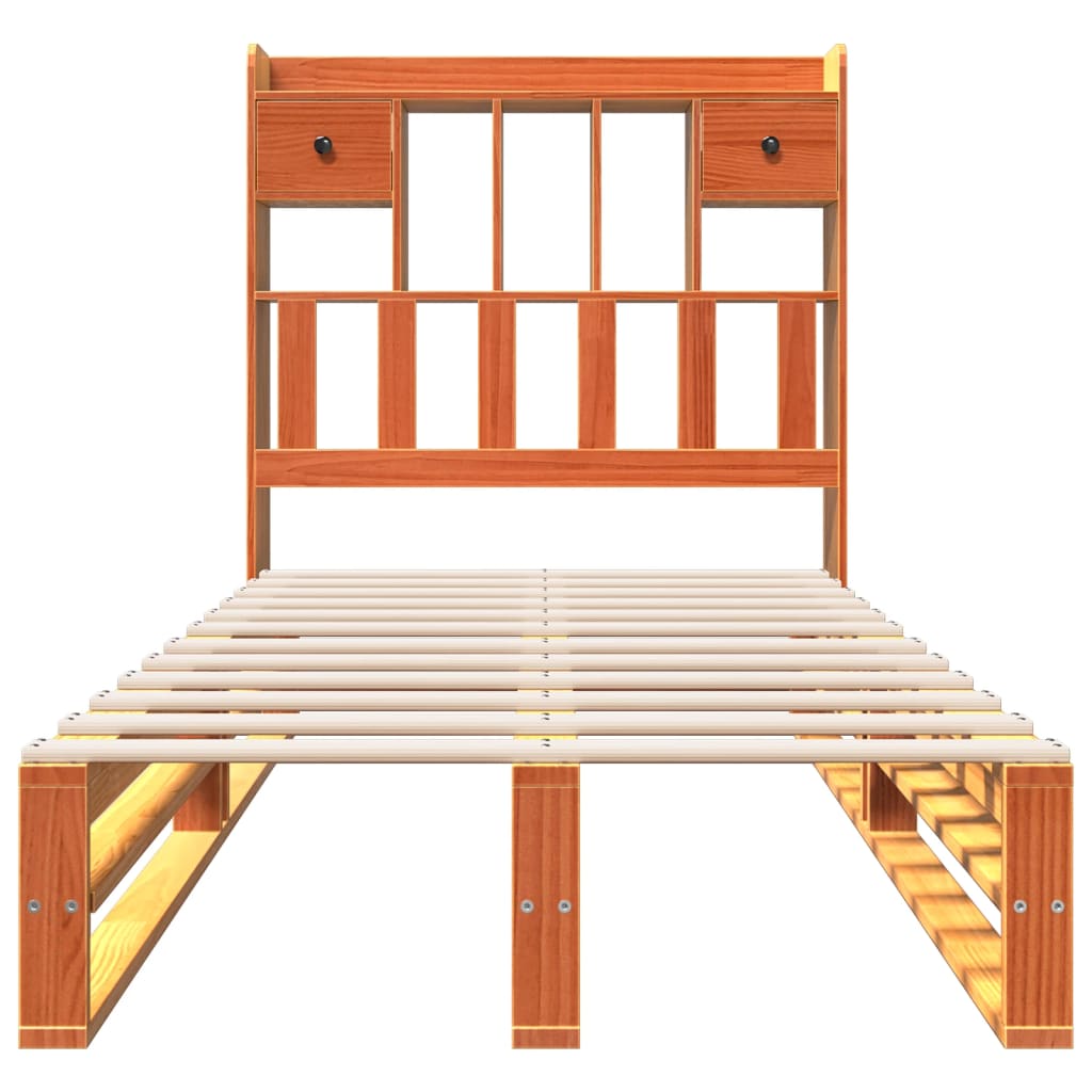 Solid Pine Wax Brown Bookcase Bed Frame 100x200 cm | No Mattress