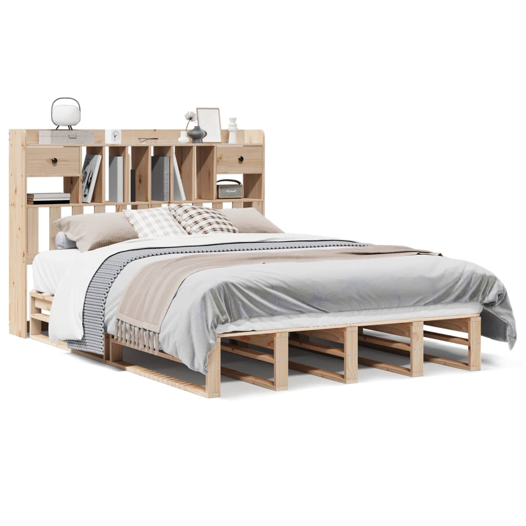 Solid Pine Wood Bookcase Bed Frame 140x200 cm - No Mattress