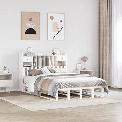 Solid Wood Pine White Bookcase Bed Frame, King Size 150x200 cm