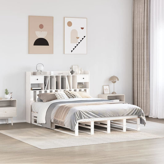 Solid Wood Pine White Bookcase Bed Frame, King Size 150x200 cm
