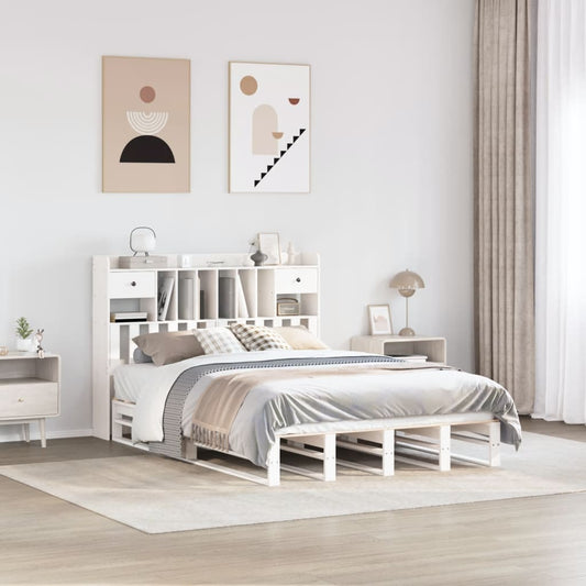 White Solid Pine Bookcase Bed 160x200cm - Mattress Not Included