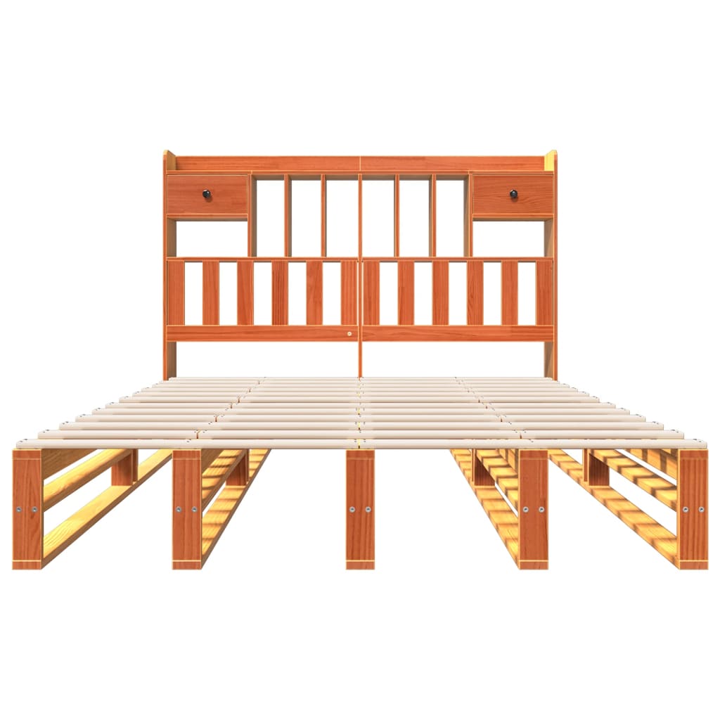 Solid Pine Wax Brown Bookcase Bed Frame 160x200 cm - No Mattress
