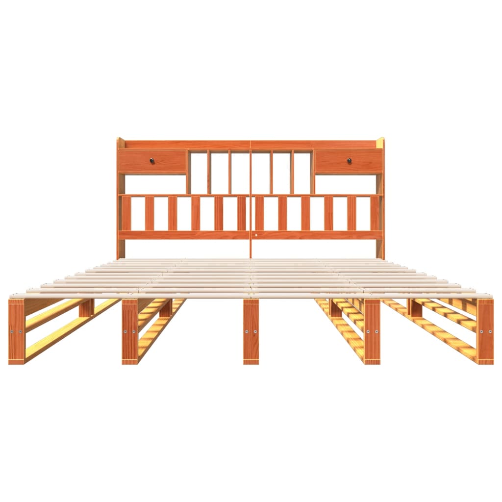 Solid Pine Wax Brown Bookcase Bed Frame 200x200 cm (Mattress Not Included)