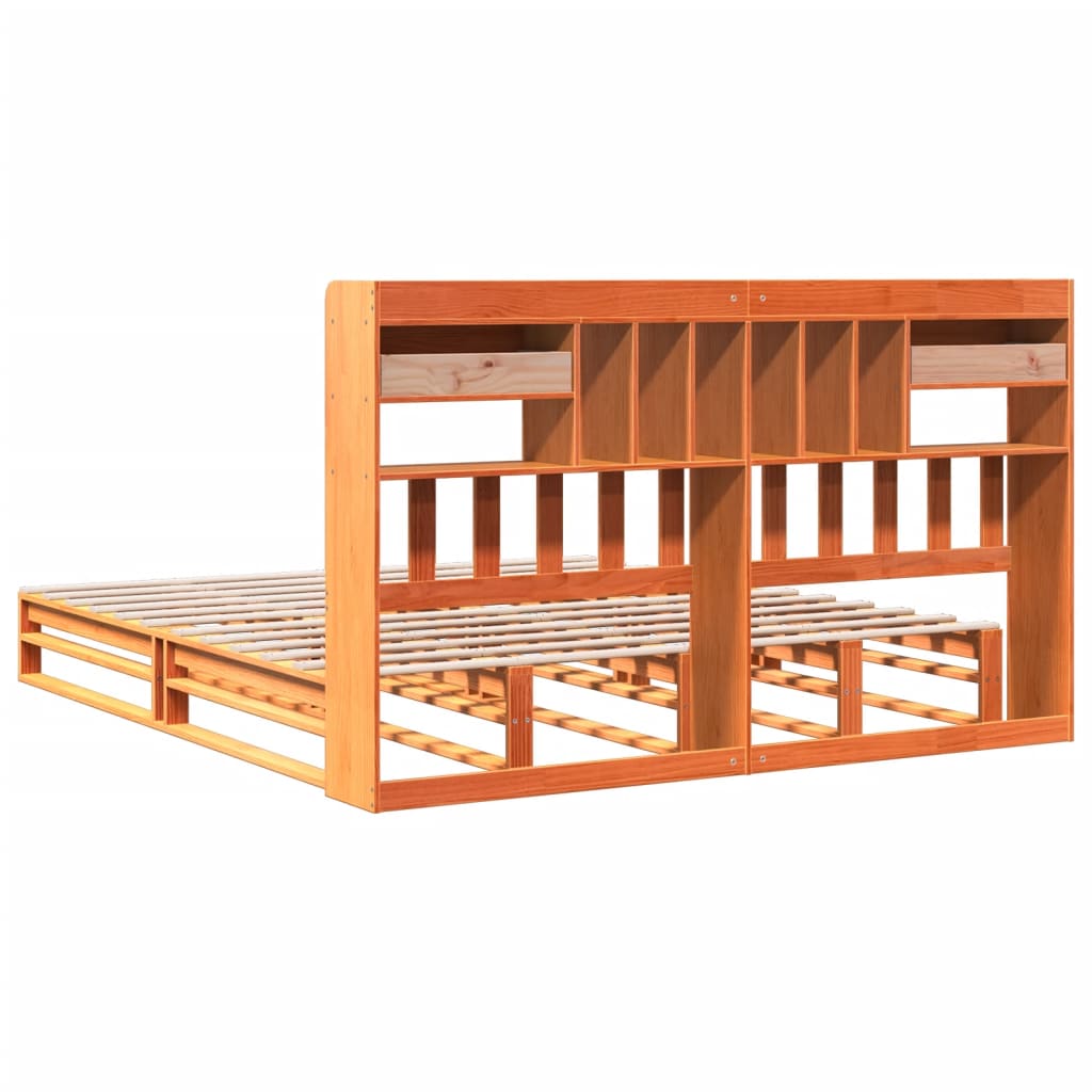 Solid Pine Wax Brown Bookcase Bed Frame 200x200 cm (Mattress Not Included)