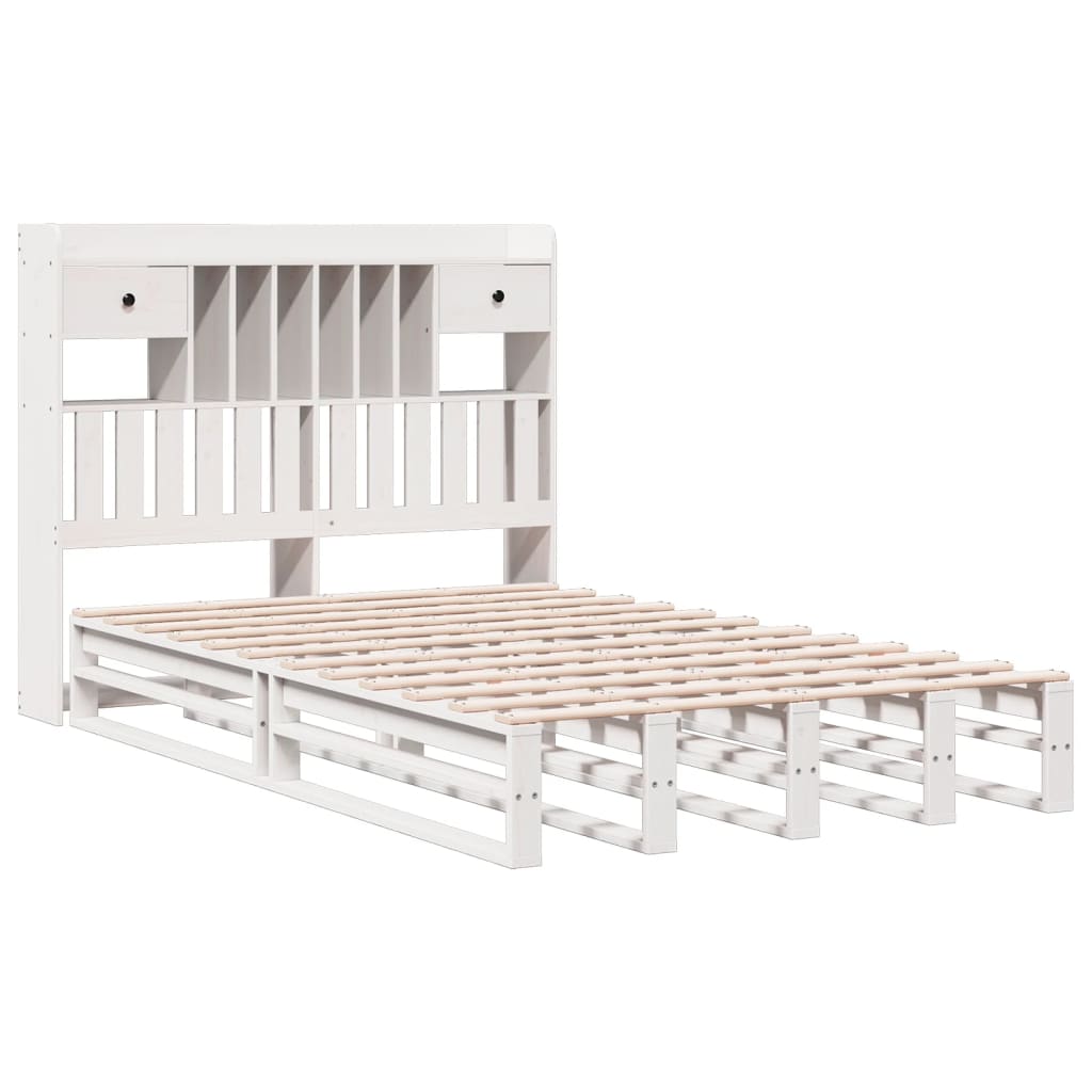 Solid Wood White Double Bookcase Bed Frame - 135x190 cm