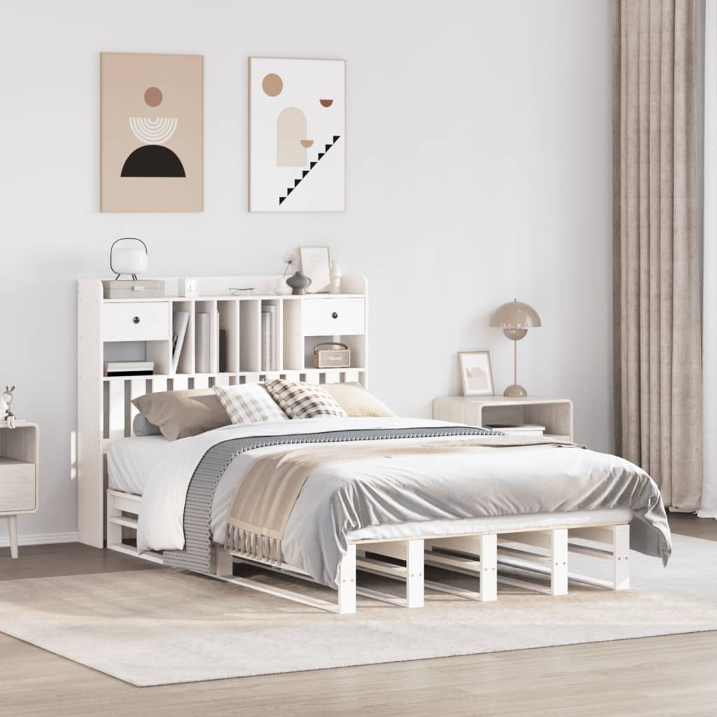 Solid Wood White Double Bookcase Bed Frame - 135x190 cm