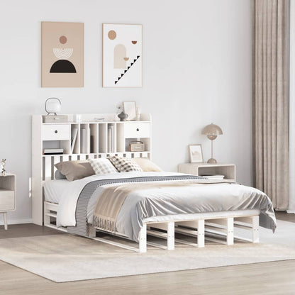 Solid Wood White Double Bookcase Bed Frame - 135x190 cm