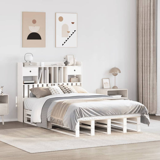 Solid Wood White Double Bookcase Bed Frame - 135x190 cm
