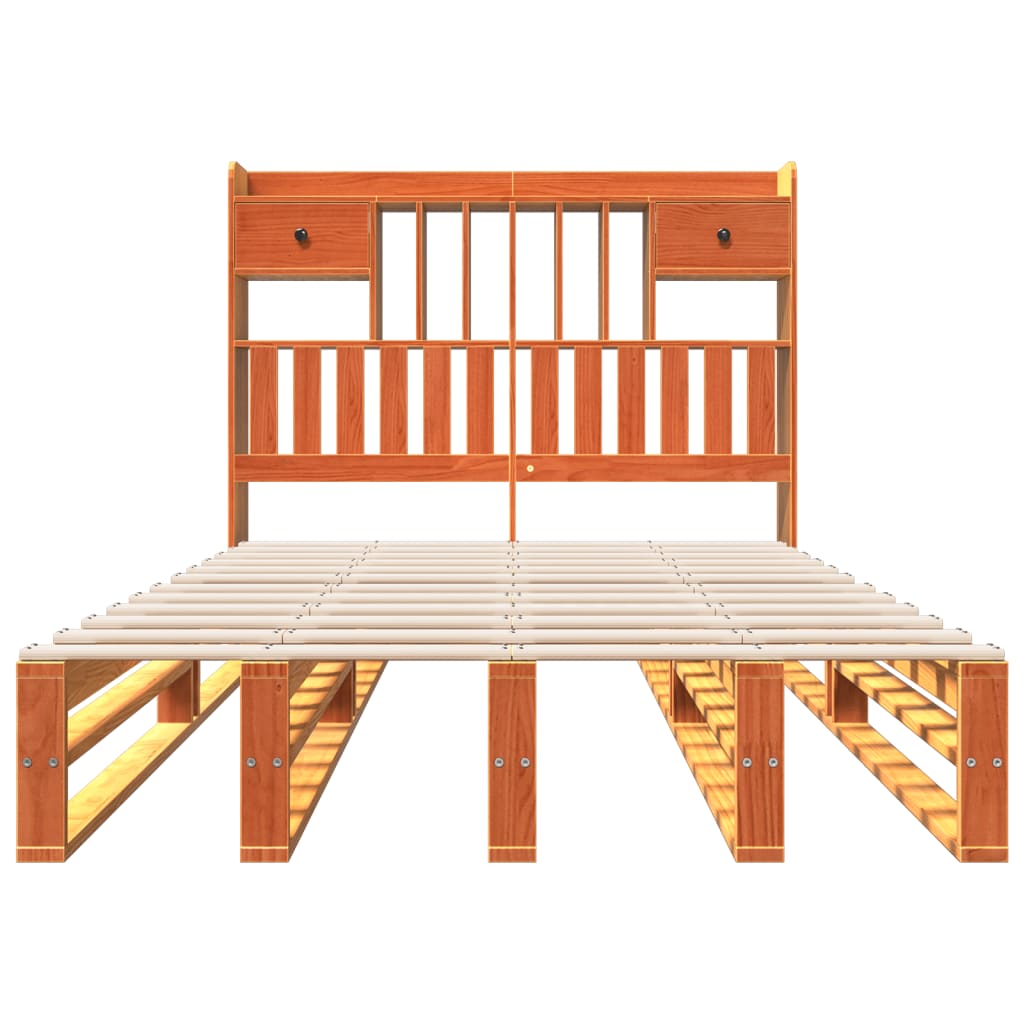 Solid Pine Double Bookcase Bed, Wax Brown, 135x190 cm, No Mattress