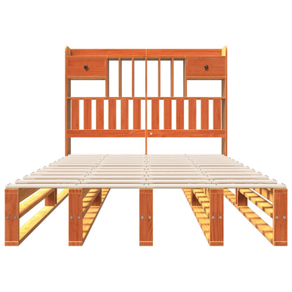 Solid Pine Double Bookcase Bed, Wax Brown, 135x190 cm, No Mattress