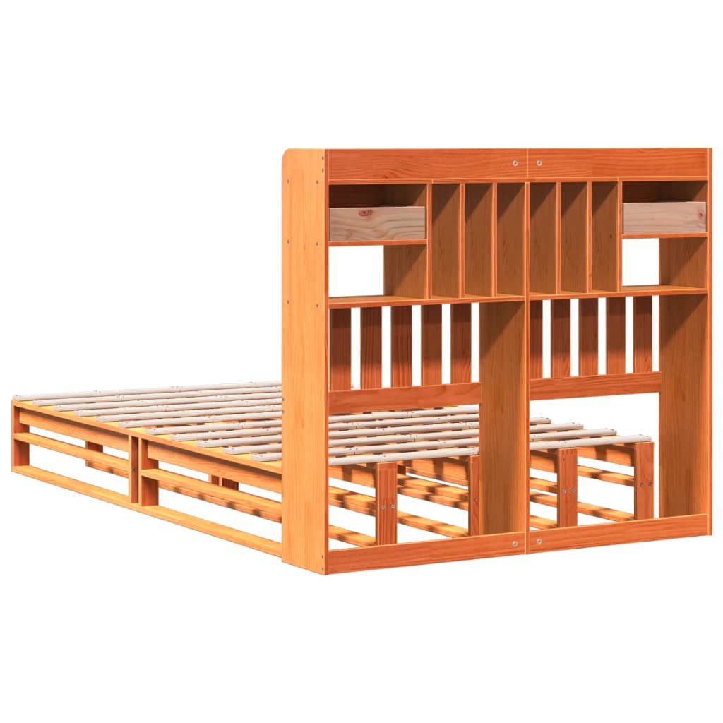Solid Pine Double Bookcase Bed, Wax Brown, 135x190 cm, No Mattress