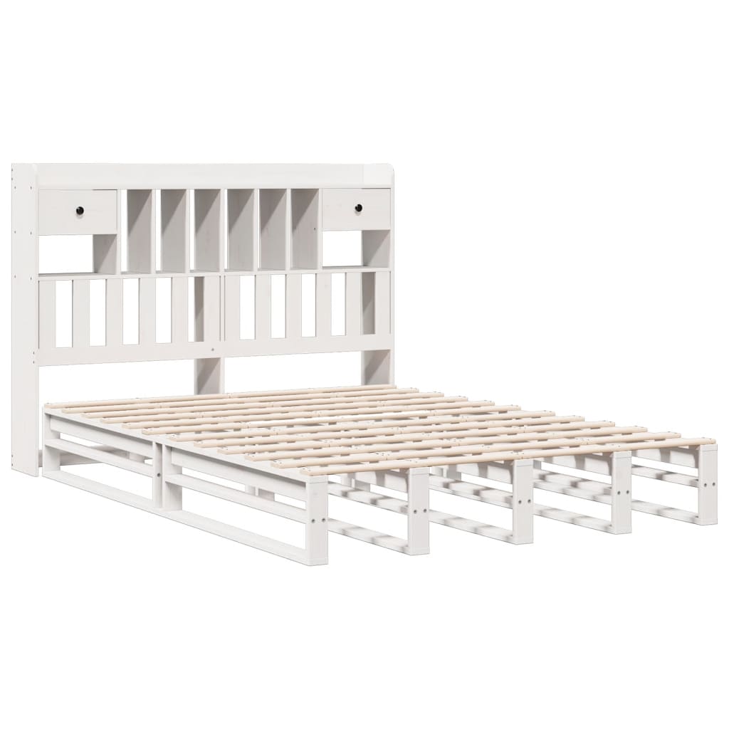 White Solid Pine Bookcase Bed Frame 140x190 cm (No Mattress)