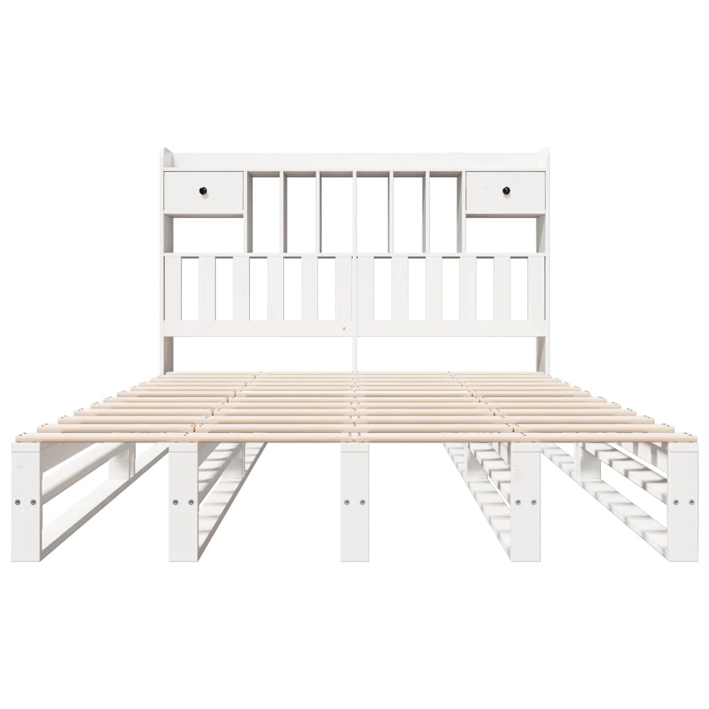 White Solid Pine Bookcase Bed Frame 140x190 cm (No Mattress)