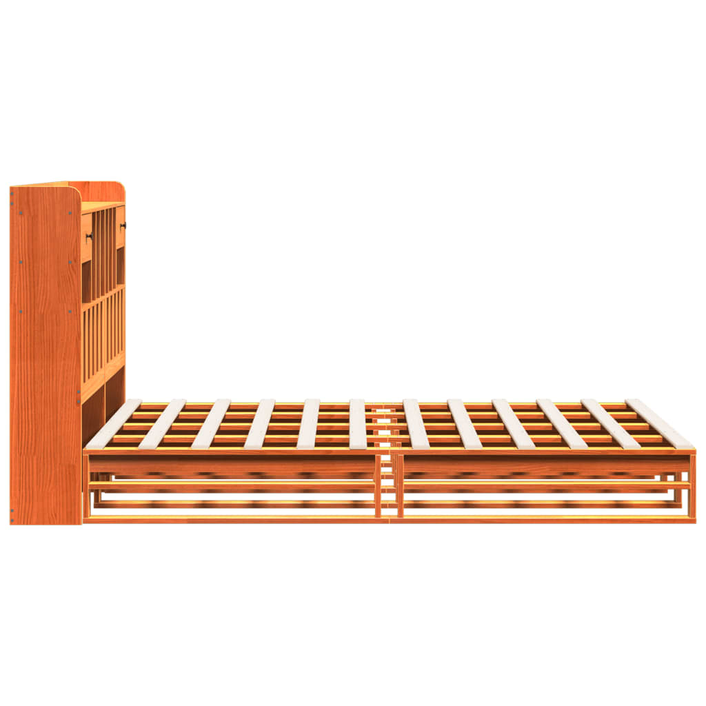 Solid Pine Wax Brown Bookcase Bed Frame 140x190 cm