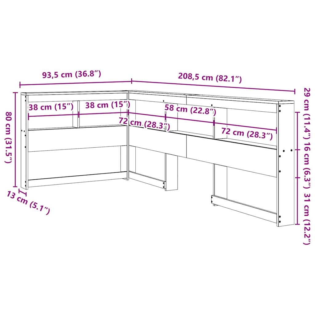 L-Shaped Bookcase Headboard, Solid Pine Wood, Wax Brown, 75 cm
